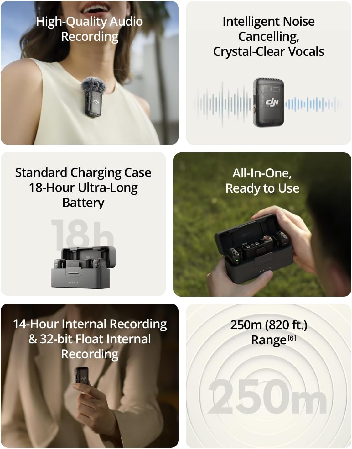 DJI Mic 2 (2 TX + 1 RX + Charging Case), Wireless Lavalier Microphone, Intelligent Noise Cancelling, 32-bit Float Internal Recording, 820 ft.(250m) Range, Microphone for iPhone, Android, Camera