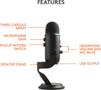 Logitech Creators Blue Yeti USB Microphone for Gaming, Streaming, Podcast, YouTube, Discord, PC, Studio Sound, Plug & Play-Blackout
