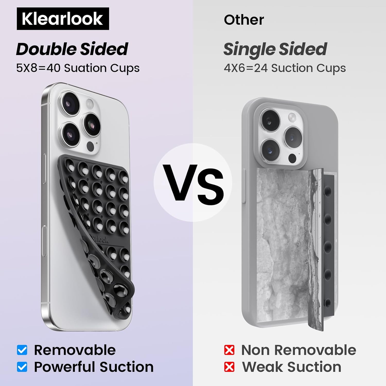 Klearlook Silicone Suction Cup Phone Case Mount Double Sided, Silicon Sticky Phone Grip with Higher Suction for Cell Phone, Hands-Free Phone Accessories Holder for Selfies and Videos, Black