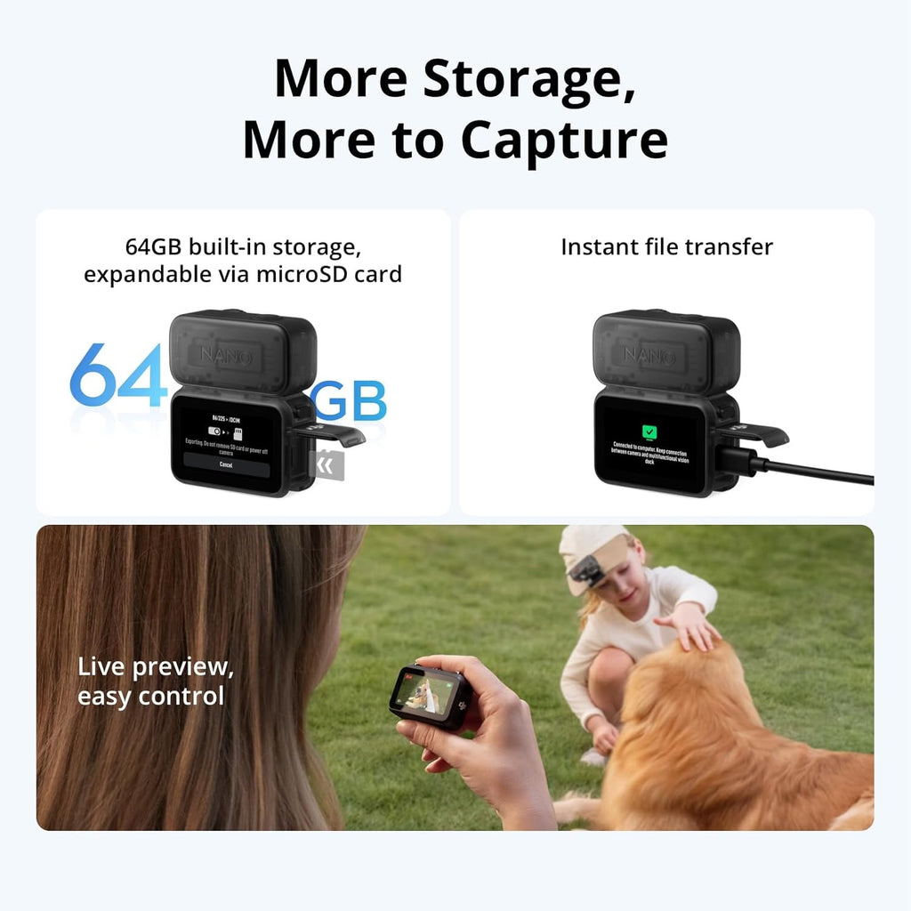 DJI Osmo Nano Standard Combo (64GB) - Small 4K/60fps Vlogging Camera with a 1/1.3″ Sensor, 143° Wide FOV Video, 200-Min Recording, Swift Content Transfer, Magnetic POV Cam 4K for Sports, Vlog