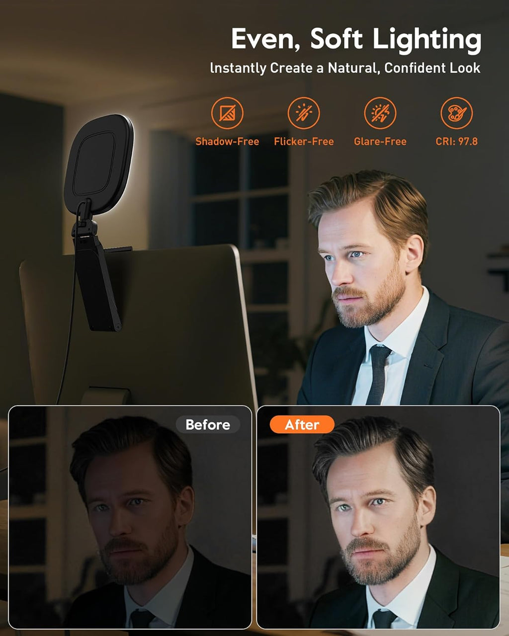 Upgraded Ring Light for Laptop, Monitor & Desk – Eye-Caring Diffused LED Computer Light with Screen-Safe Clip, Adjustable Monitor Mount, CRI 97.8+, 50 Lighting Modes for Zoom, Video Calls & Streaming