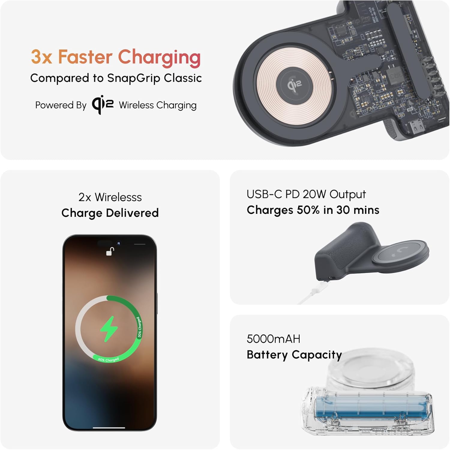 ShiftCam SnapGrip Pro - Mobile Battery Grip with Wireless Shutter Button - Magnetic Mount Snaps on to Any Phone - Built in Powerbank with Qi 2 Wireless Charging - Tabletop Dock (Stone)