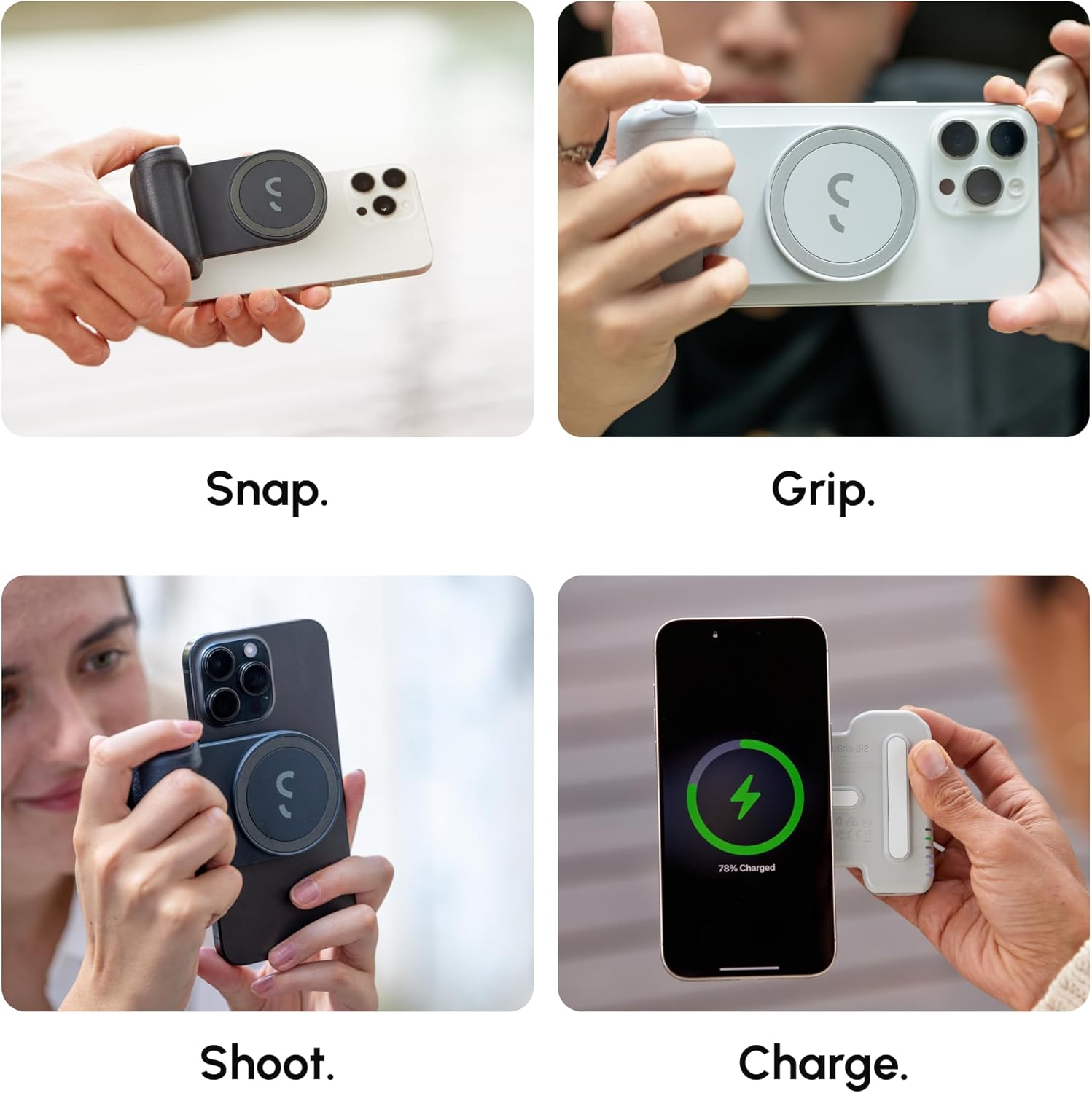 ShiftCam SnapGrip Pro - Mobile Battery Grip with Wireless Shutter Button - Magnetic Mount Snaps on to Any Phone - Built in Powerbank with Qi 2 Wireless Charging - Tabletop Dock (Stone)